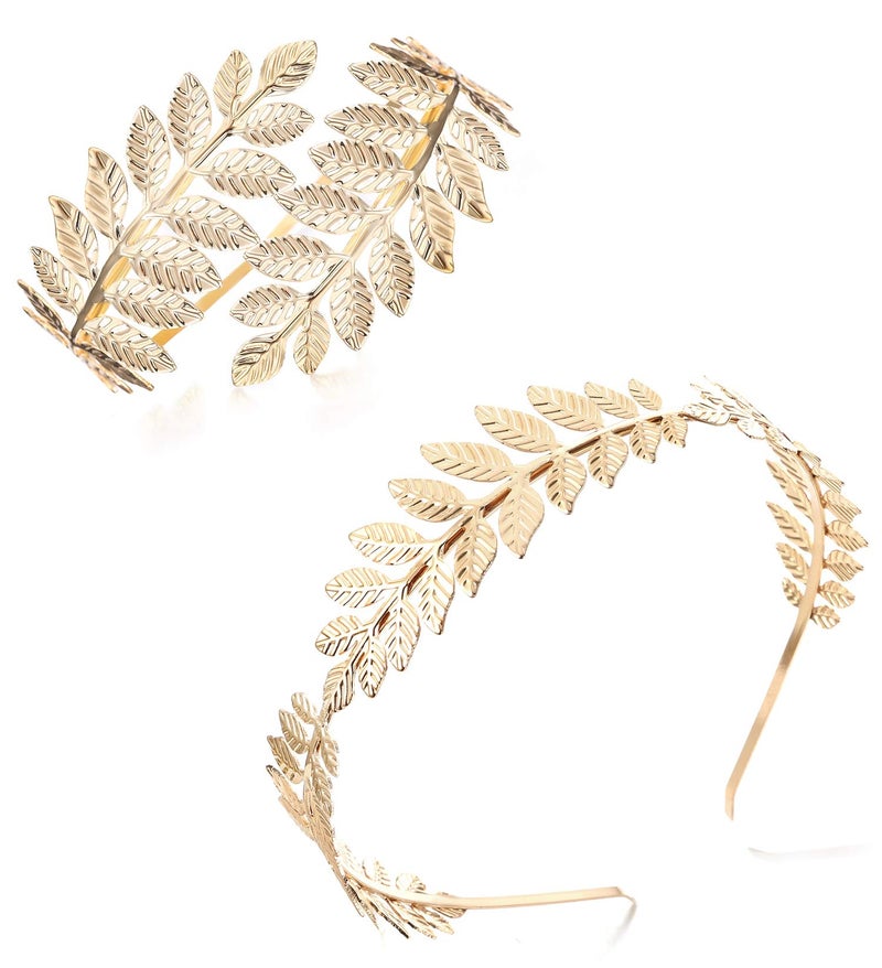 Finrezio Greek Goddess Headband Arm Cuff Bridal Jewelry Set Roman Laurel Leaf Branch Crown Armlet Upper Arm Band Bracelet Adjustable (A:Gold tone) - Image 1